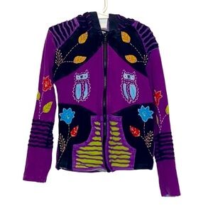 Himalayan Arts Wear Girls' Purple & Black Owl Pointed Hood Zip-Up Sweater Large